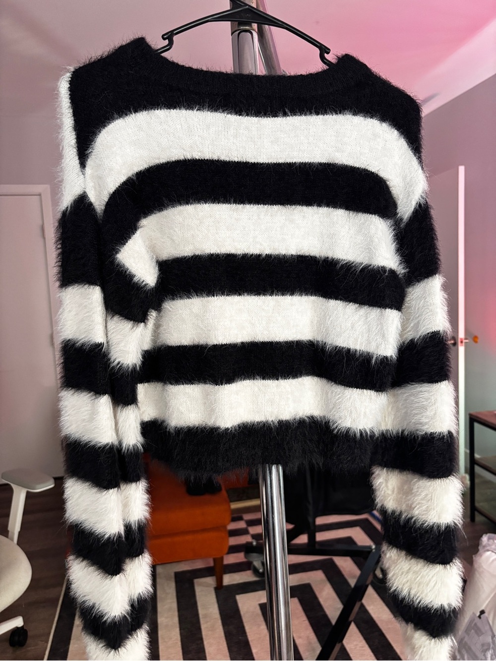 Black & White Striped Fuzzy Crewneck Sweater - Picture 3 of 3